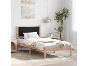 Lit adulte, lit simple, cadre de lit avec tête de lit noir 90x200cm pin massif cf3376