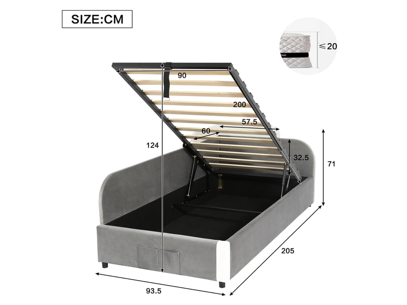 Lit coffre côté gauche 90 x 200 cm, coffre à relevage hydraulique, poche de rangement, barrières latérales, velours et contreplaqué, blanc et gris ABC - Conforama C