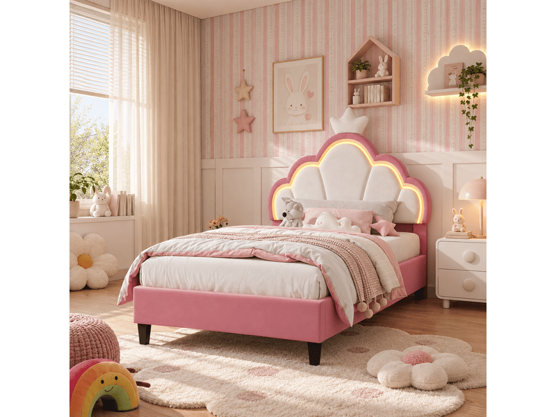Lit capitonné 90 x 190 cm, lit enfant avec sommiers à lattes et dossier,cadre de lit pour fille, lit enfant 90x190 cm, lumière led, lit fille avec tête de lit réglable en hauteur, décor couronne, lit rembourré enfant, 1 person… - Conforama W