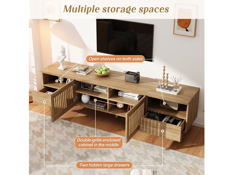  Meuble tv 180x40x51 cm avec 2 portes à grille et 2 tiroirs en mdf couleur bois naturel, design simple  - Conforama D