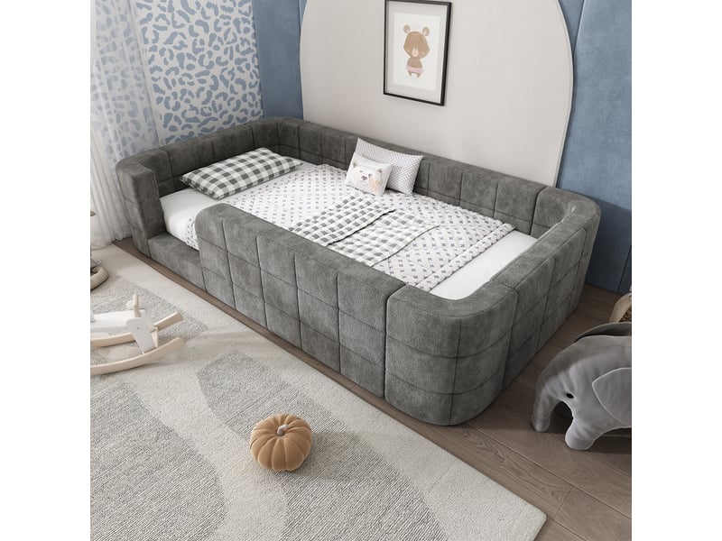 Lit enfant au sol 90x190 cm, rembourré en chenille, avec entourage rembourré et accès bas, avec sommier à lattes inclus, matelas non inclus, gris Luxe haut de gamme - Conforama E