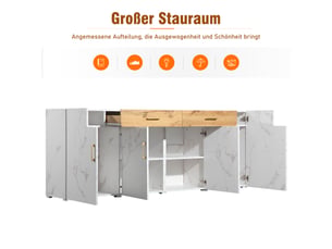 Buffet bas - placage effet marbre & poignées en métal - 208x39.5x80 cm - 4 portes - 2 tiroirs - blanc - design élégant