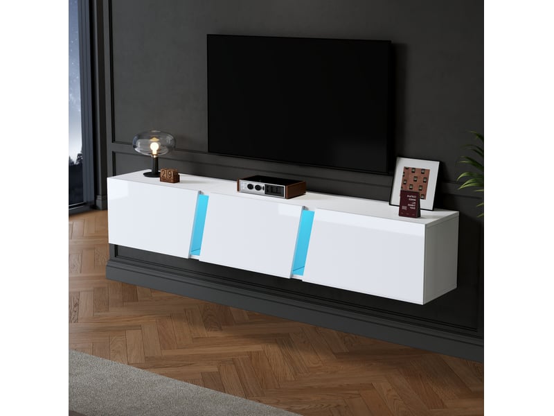  Meuble tv mural 180 x 35 x 30 cm avec led, 3 portes abattantes, blanc brillant  - Conforama B
