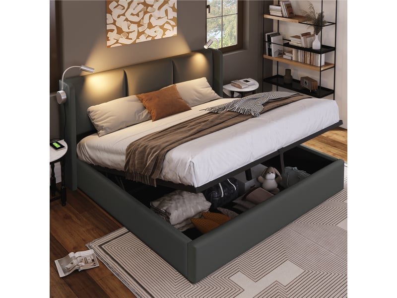  Lit coffre, lit double 160x200 cm, lampe de lecture, sommier à lattes, matelas inclus, pu gris  - Conforama W