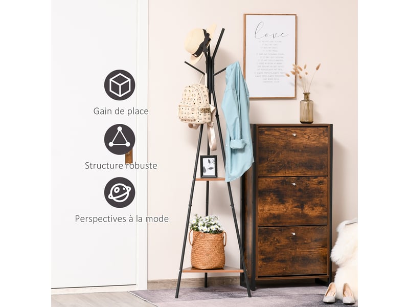  Porte-manteau trépied style industriel branches 2 étagères + 6 patères dim. 52l x 46l x 182h cm noir métal  - Conforama W