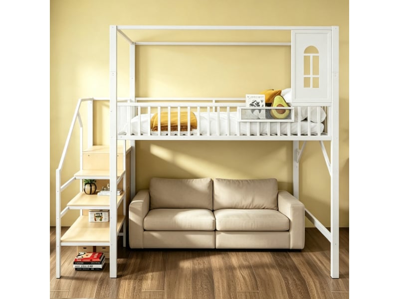  Lit mezzanine 140x200 cm en métal - échelle avec rangements - espace sous lit 135 cm - structure toit - blanc  - Conforama A