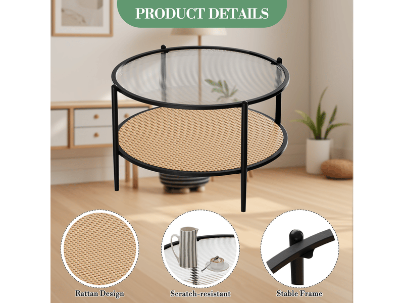  Table basse bohème moderne 2 niveaux rotin, plateau verre trempé ondulé, cadre métal robuste, étagère rangement salon bureau ,noir PHK_346THCPW - Conforama E