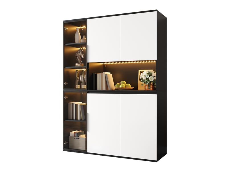 Vitrine moderne noir et blanc 160x40x120 cm, meuble en mdf avec éclairage led intégré et portes vitrees - Conforama A