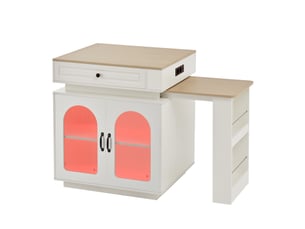 Îlot de cuisine à roulettes avec table extensible, led, prises, bar, desserte ou buffet, blanc