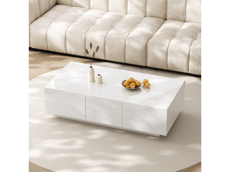  Table basse avec 2 tiroirs et rangements cachés, finition brillante, en panneau de particules, blanc - uvrion  - Conforama D