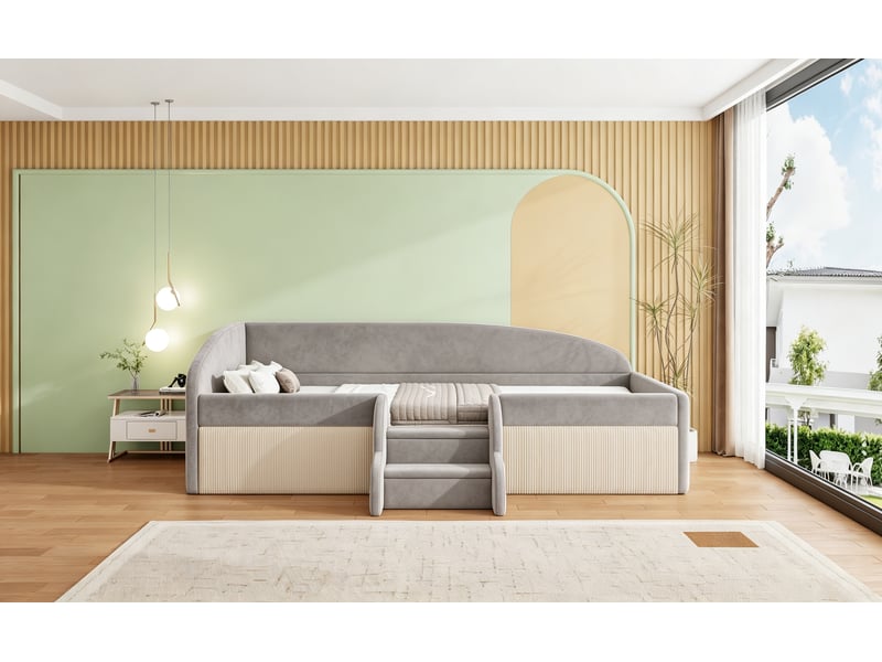 Lit enfant 90x190 cm gris velours avec barrières et marches sommier à lattes sans matelas Sol Morn - Conforama D