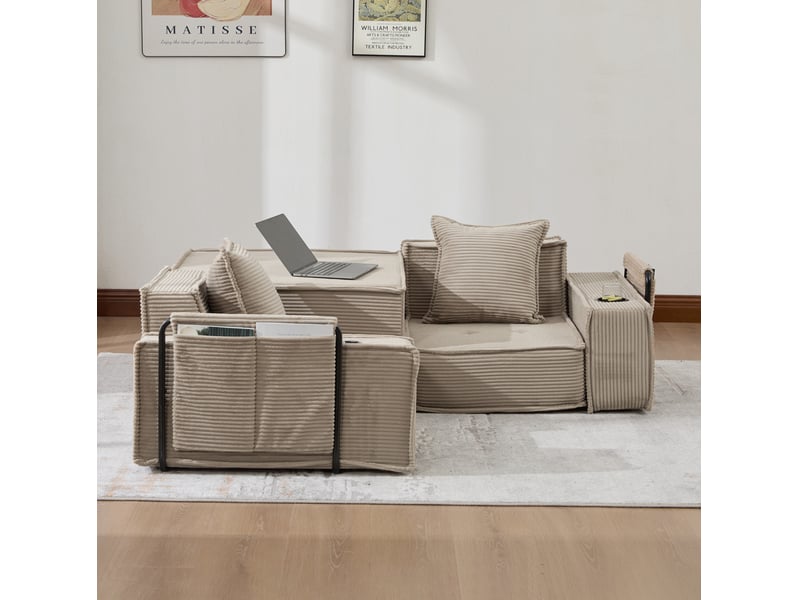  Canapé droit modulable 2 places en velours côtelé kaki avec 2 coussins et poches latérales pratiques  - Conforama E