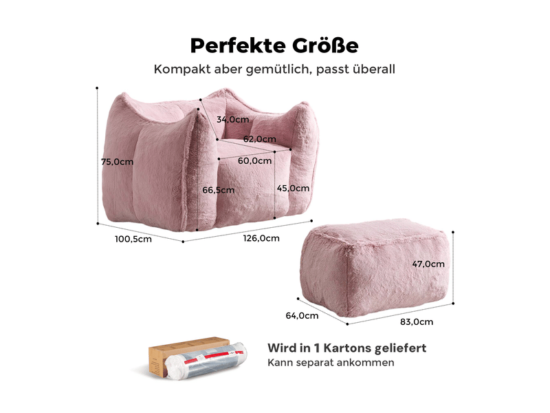  Fauteuil avec pouf et assise en mousse, forme arrondie et structure sans cadre pour salon, en fausse fourrure rose  - Conforama D