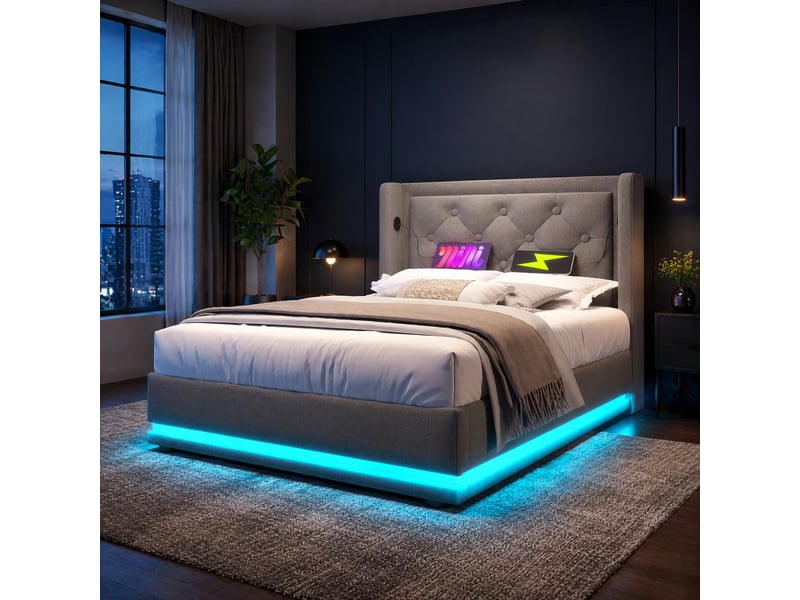  Lit coffre 90 x 200 cm gris en coton avec matelas, led et ports usbtype-c  - Conforama D