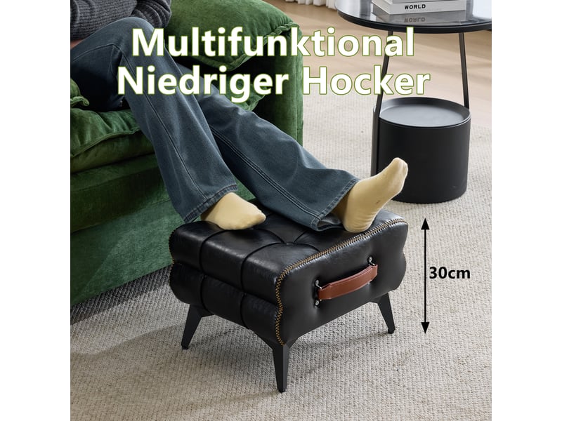  Pouf repose-pieds en cuir noir, pieds métal, style moderne, multifonctionnel  - Conforama B