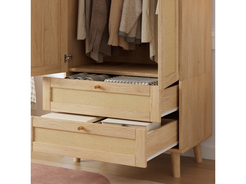  Armoire de rangement 80x50x180 cm avec portes effet rotin, penderie, étagères et 2 tiroirs, meuble dressing chambre design naturel - mdf-naturel  - Conforama C