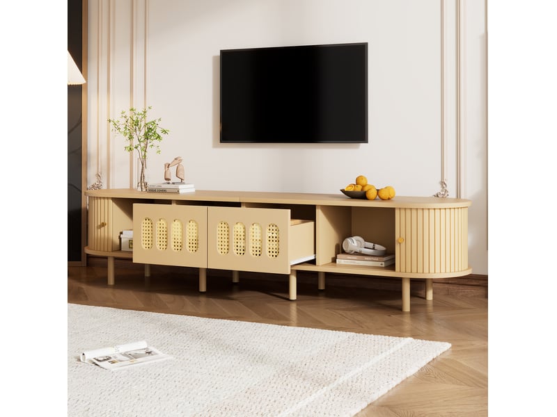  Meuble tv modenvie ovale 180 x 40 x 40 cm mdf bois clair avec portes style rotin  - Conforama D
