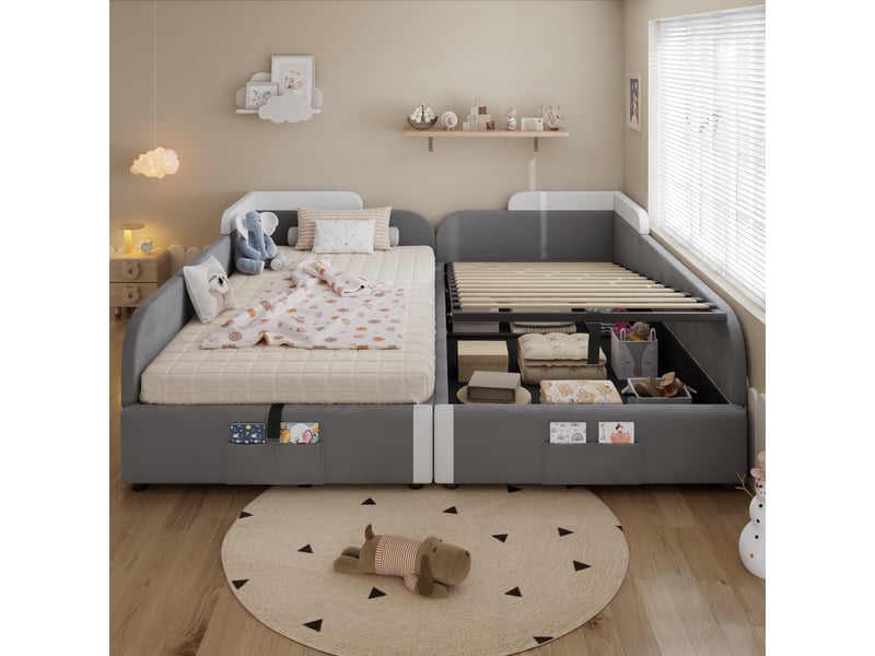  Lit double 2x90x200 cm pour enfant, lit coffre hydraulique avec barrière de sécurité souple et poche de rangement, velours et contreplaqué, gris  - Conforama C