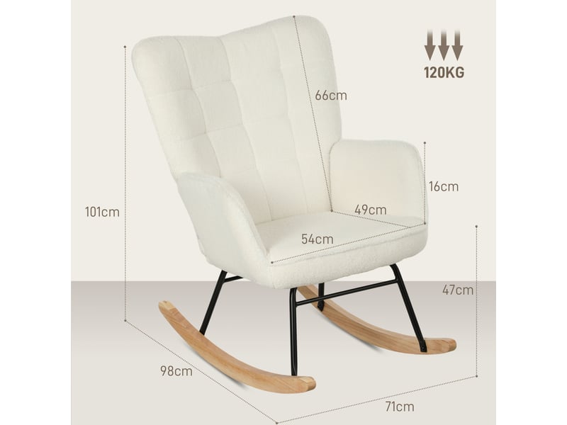  Fauteuil à bascule 98x71x101cm – rocking chair de salon avec dossier capitonnée et patins en bois massif – peluche et tissu - blanc  - Conforama C