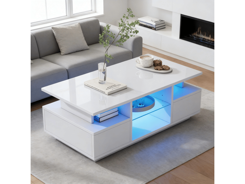  Table basse blanche brillante avec led 2 tiroirs 100x50x36 cm - rangement ouvert en verre  - Conforama C