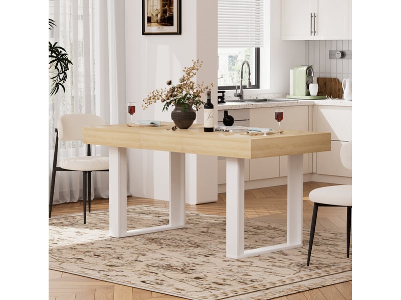 Table de salle à manger extensible 120-160x75x75 cm style rétro naturel et blanc - Conforama B