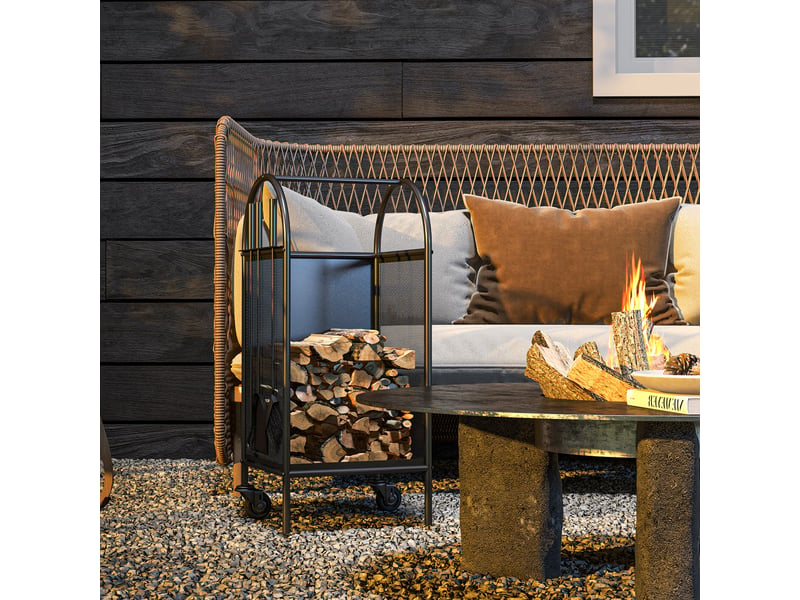  Range-bûches sur roulettes avec accessoires, métal noir, charge 50 kg, 37,5 x 37,5 x 80 cm  - Conforama D