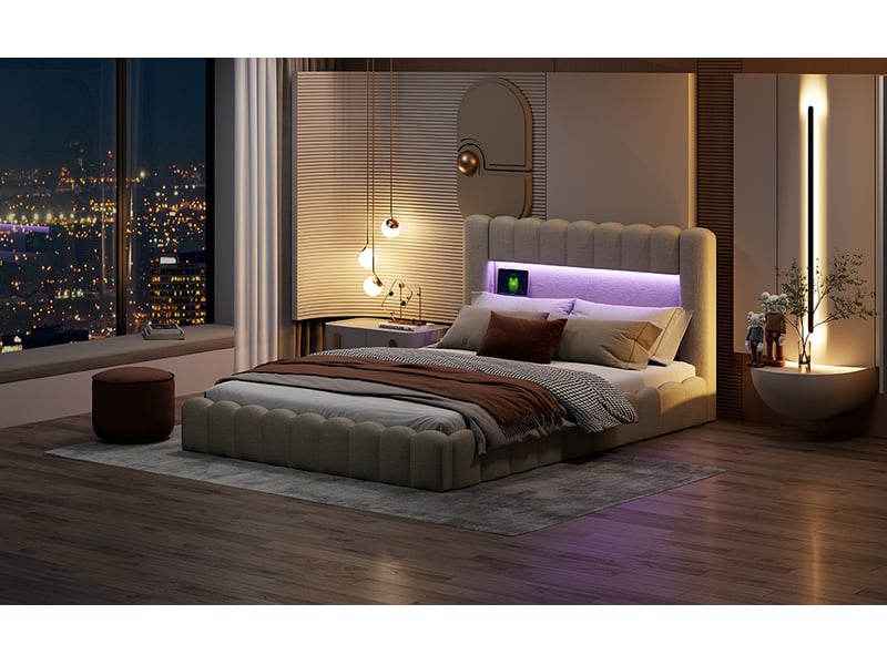  Lit double coffre - 140 x 200 cm-beige - en lin, avec tête de lit capitonnée , éclairage led, ports usb et vérins hydrauliques  - Conforama D