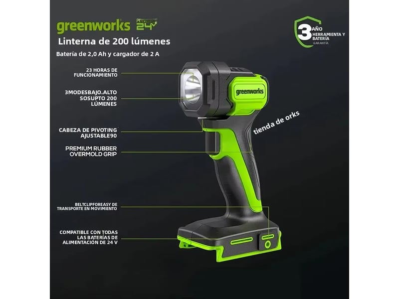  Kit lampe torche led greenworks 24v 200lm, lampe de travail portable sans fil haute intensité (outils uniquement) [classe énergétique a++]  - Conforama D