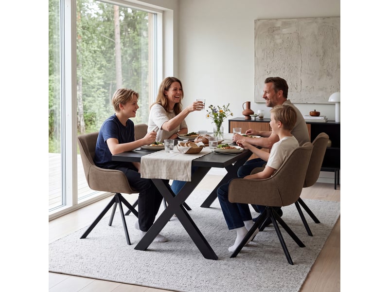 Ensemble table et 4 chaises - table rectangulaire 160x80 cm monobloc en chêne noir et pieds métal, 4 chaises en tissu marron moka et pieds métal - Conforama W