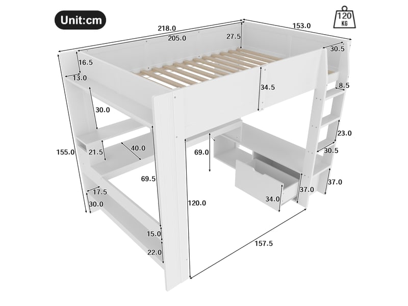  Lit mezzanine 140x200 cm avec bureau, étagères, tiroir et led 16 couleurs blanc  - Conforama C