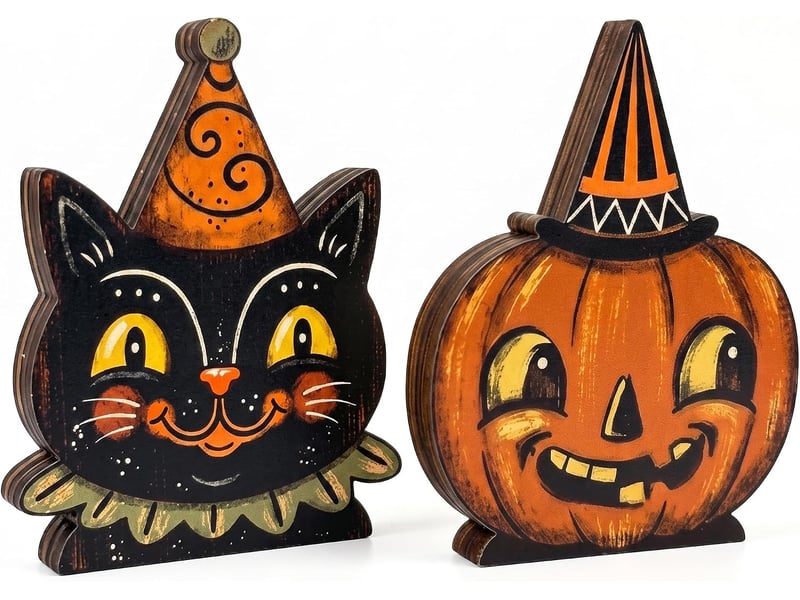  Décoration murale en bois halloween, panneau décoratif – chat noir et citrouille, pour intérieur  - Conforama A