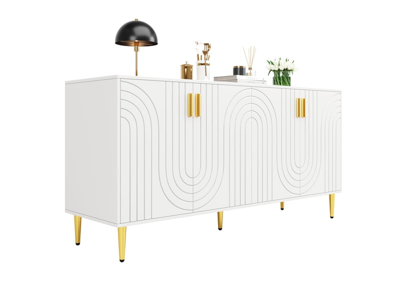 Buffet bas blanc 152 x 40 x 75 cm en mdf, 4 portes, motif ondulé et détails dorés - Conforama A