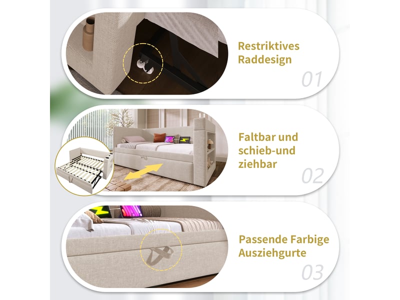 Lit gigogne enfant 90x190 cm, canapé-lit avec usb type-c, porte-gobelet, sommiers, coton lin beige, sans matelas - Conforama D