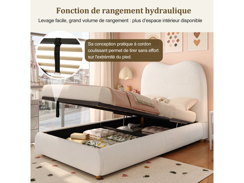  Lit coffre simple 90 x 200 cm avec tête de lit rembourrée et sommier relevable, rangement sous le couchage, finition douce, tissu bouclé, beige Morn Vibe - Conforama E