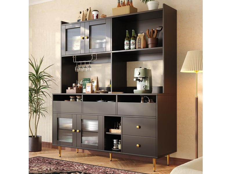  Buffet haut 145 x 39 x 171 cm en mdf, portes en verre strié, noir et doré  - Conforama B