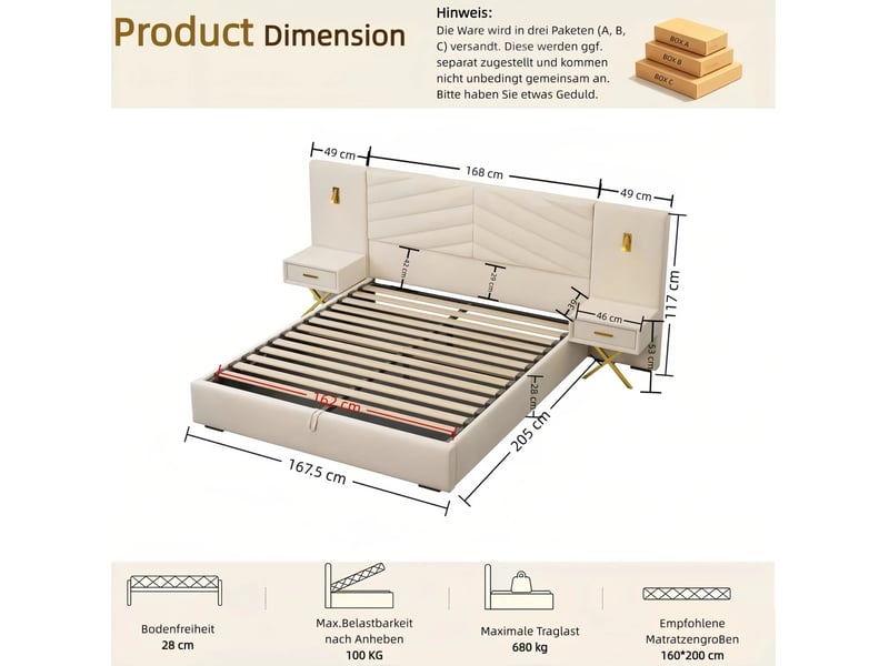  Lit coffre beige et blanc 160 x 200 cm avec 2 tables de chevet et led - 266 x 205 x 117 cm  - Conforama E