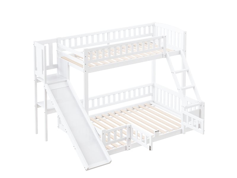  Lit superposé en bois avec toboggan, étagères et porte coulissante, 90x200 et 140x200 cm, sans matelas  - Conforama A