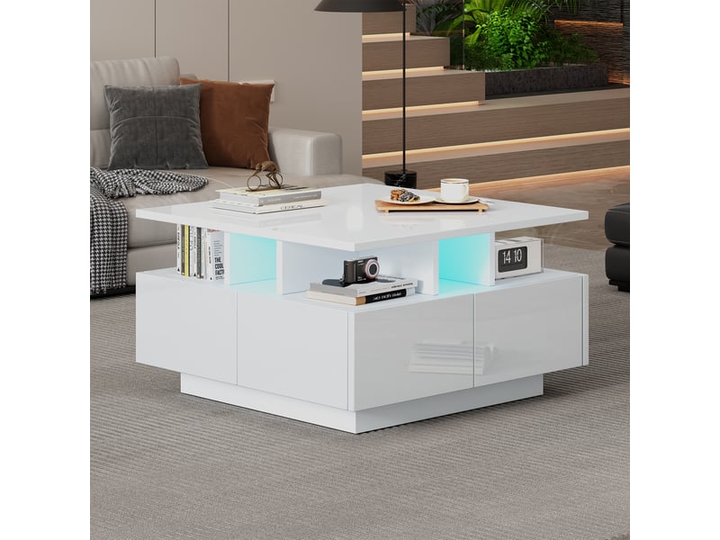 Table basse carrée blanc avec 4 tiroirs - 70x70 cm led panneau de particules table basse blanc - Conforama D