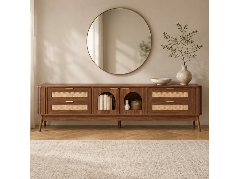  Meuble tv 4 tiroirs, 2 portes en verre de sécurité et led pilotable par application, pour salon 180×40×50 cm  - Conforama C