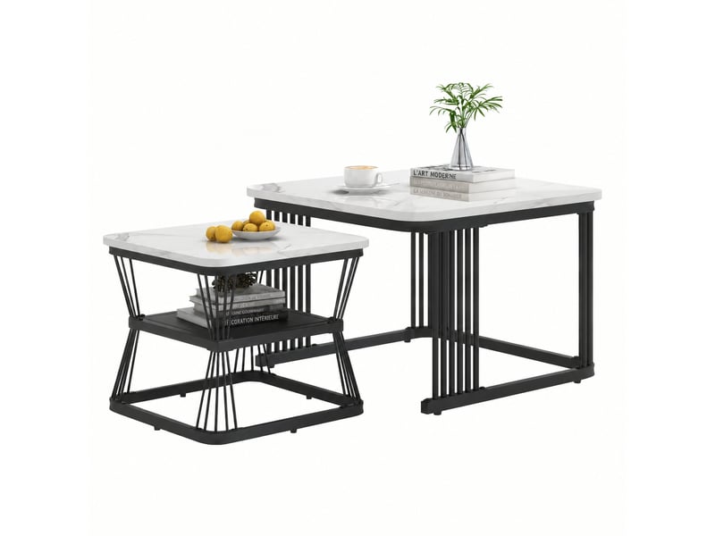  Lot de 2 tables basses modernes en mdf effet marbre, piètement acier, 65 et 45 cm, blanc  - Conforama A