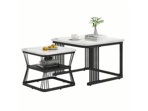 Lot de 2 tables basses modernes en mdf effet marbre, piètement acier, 65 et 45 cm, blanc