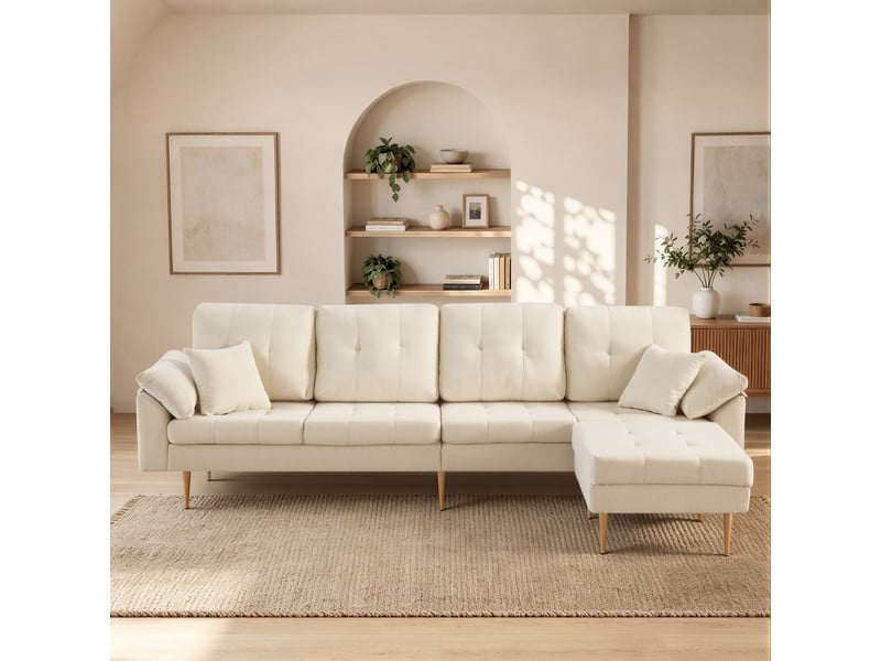  Canapé 4 places,250x70x71 cm,avec pouf modulable,velours côtelé,beige clair  - Conforama B