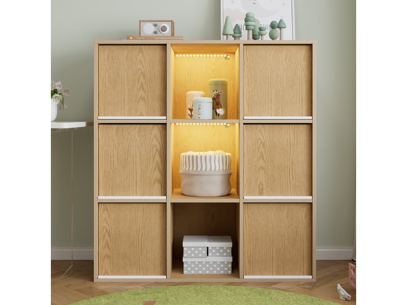  Bibliothèque enfant avec led et portes rabattables, meuble de rangement effet bois naturel avec niches ouvertes 100 x 35 x 108,5 cm  - Conforama C