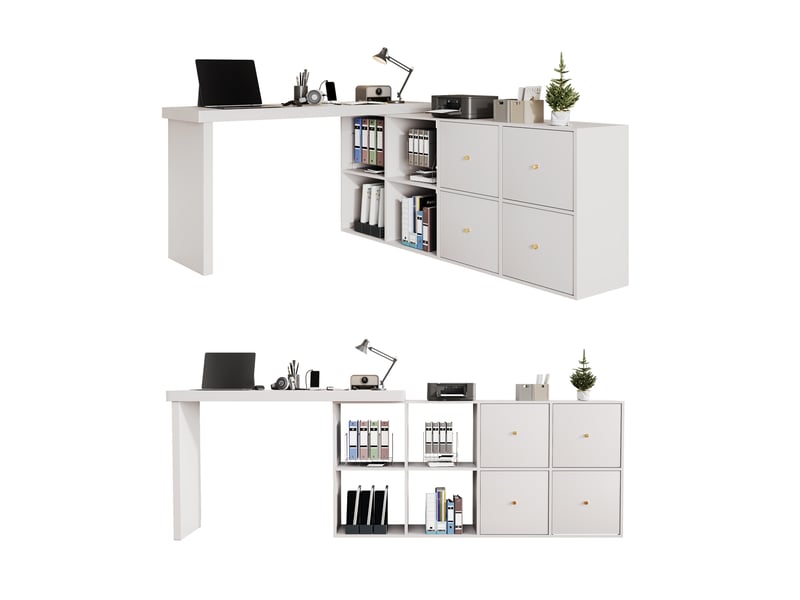  Bureau d'angle pivotant 360°, bureau en l blanc avec rangements, table informatique modulable avec 4 tiroirs et 4 compartiments.  - Conforama W