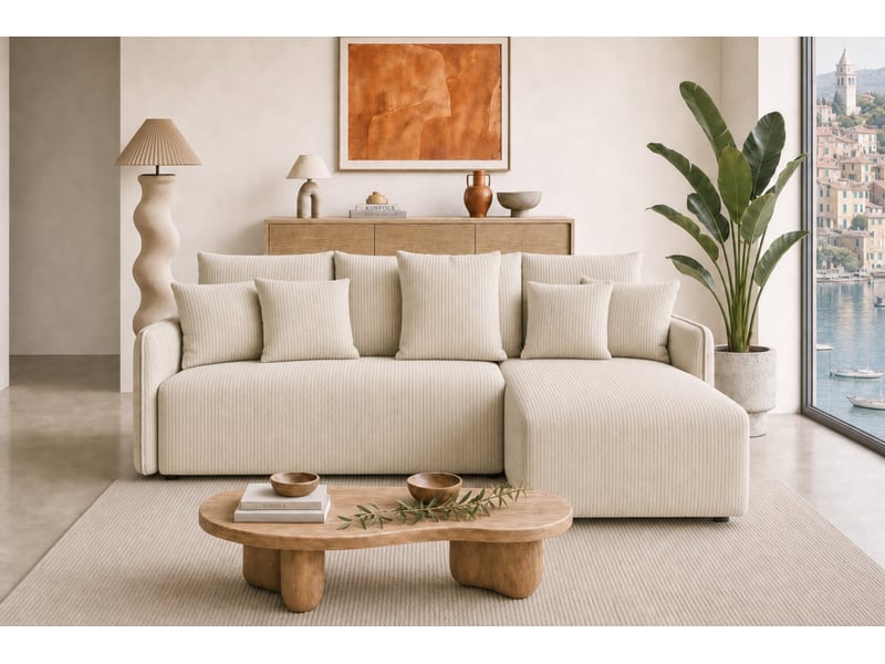  Portofino - canapé d'angle convertible petit velours côtelé 3 places beige  - Conforama D
