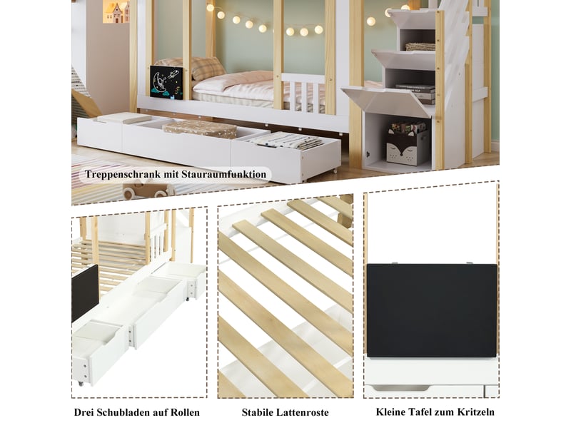 Lit superposé 90x200cm blancnaturel, pinmdfagglocontreplaqué, 3 tiroirs à roulettes, escalier de rangement et tableau - Conforama D