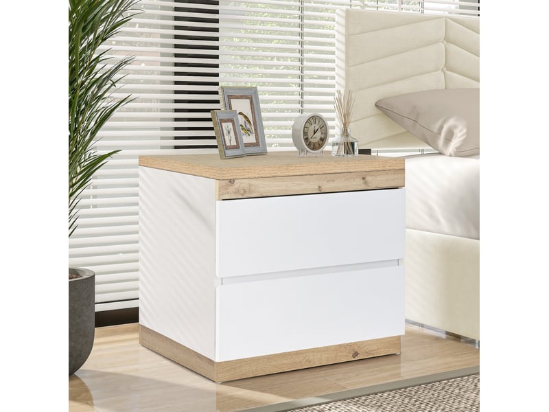  Chevet 2 tiroirs 55x40x55 cm, finition blanc+chêne en panneaux de particules e1, design classique et assemblage facile  - Conforama B