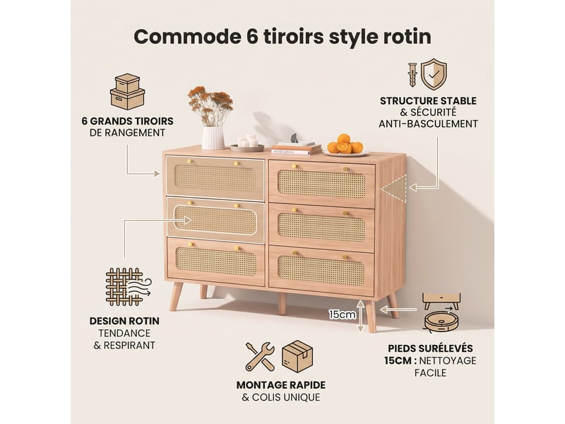 Commode 100 cm effet rotin, 6 tiroirs, commode chambre, meuble de rangement, style scandinave, chêne clair - Conforama C