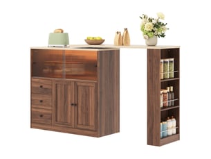 Îlot de cuisine extensible avec table pivotante 360° et rangement - 3 tiroirs, led rgb, mdf naturel