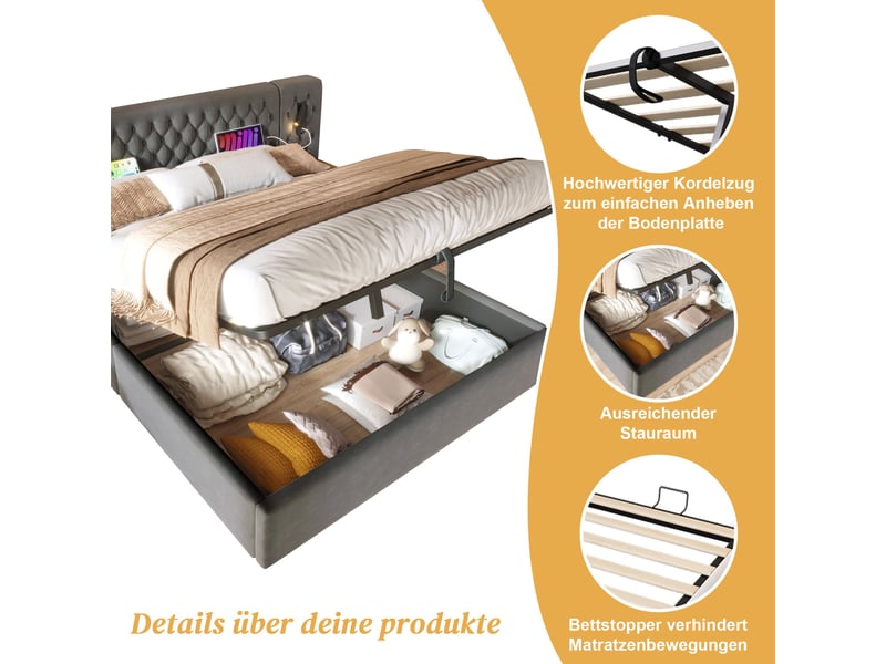  Lit coffre 160x200 velours gris avec matelas ressorts ensachés, led usb, rangement hydraulique et tables de chevet  - Conforama D